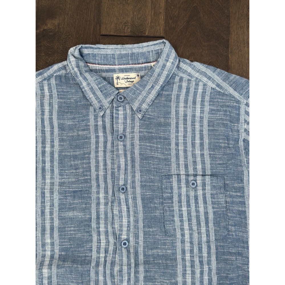 Weatherproof Vintage Mens 2XL Blue Stripe Button Down Linen Short Sleeve Shirt